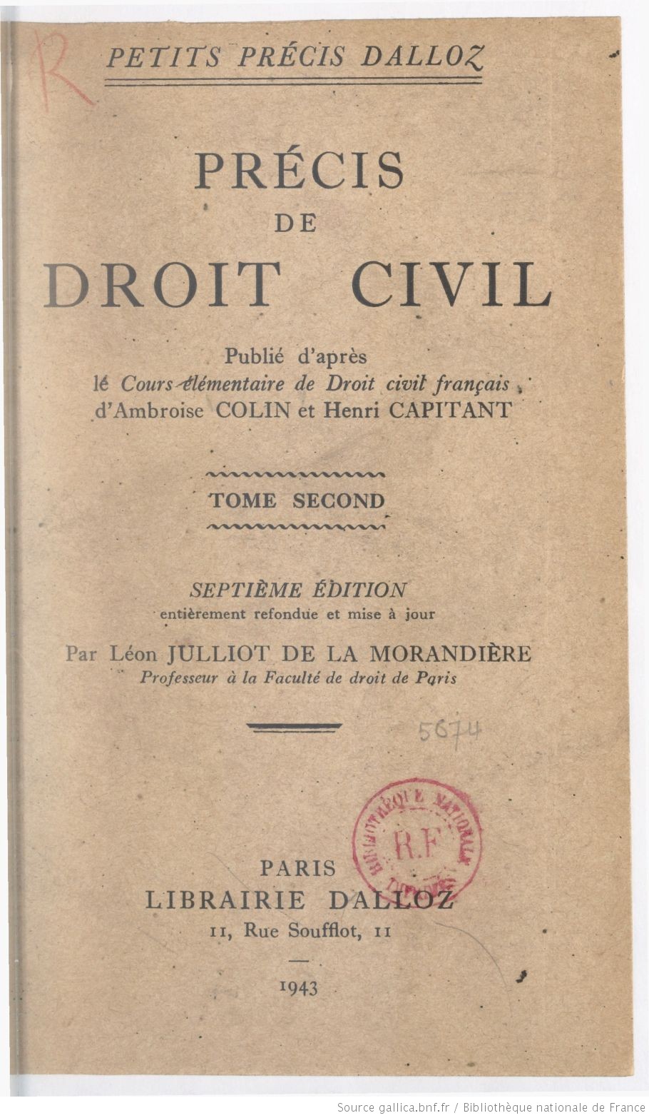 Catalogue Rouge Précis de droit civil publié d'après le Cours élémentaire de droit civil