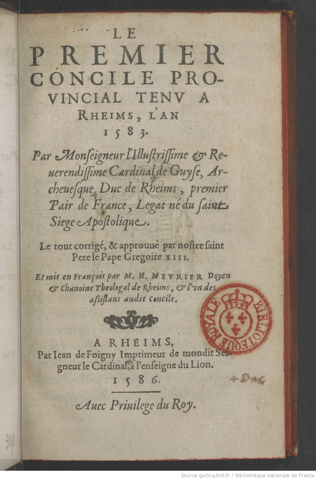 Catalogue Rouge Le Premier concile provincial tenu à Rheims l'an 1583