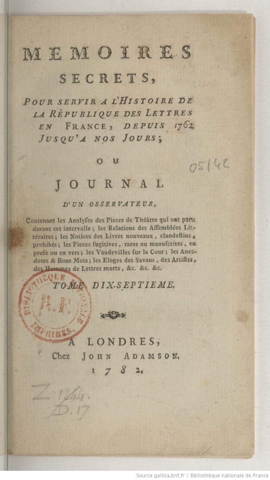 Catalogue Rouge Mémoires secrets pour servir à l'histoire de la